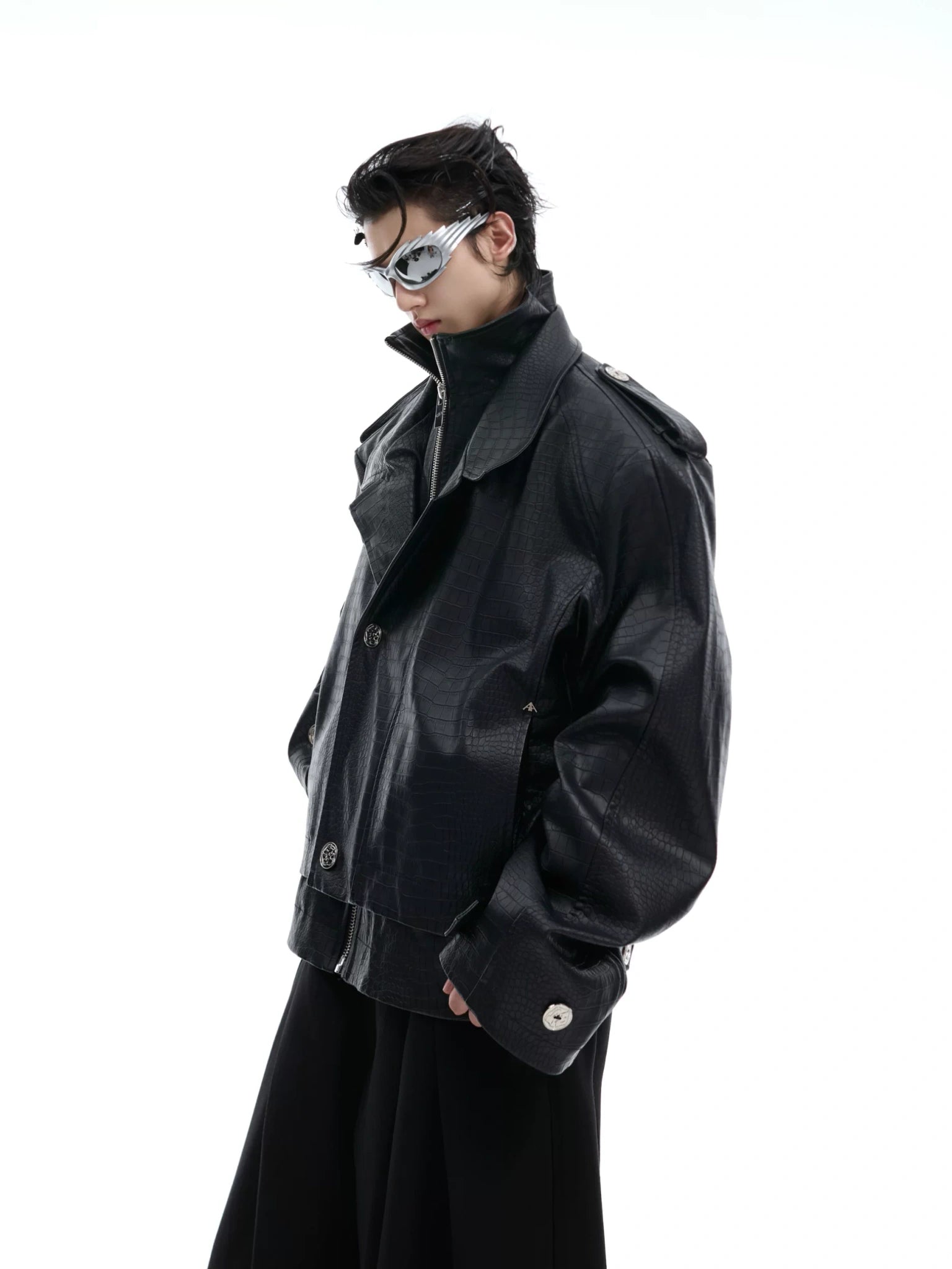 Cropped PU Biker Jacket with Deconstructed Details - main image 1