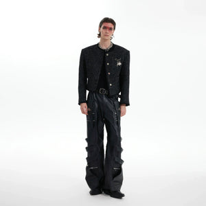 Textured Black Cropped Button Jacket | Relaxed Fit - main image 2