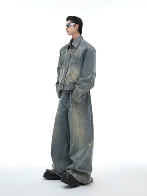 Washed Deconstructed Denim Jacket with Zip Front - main image 1