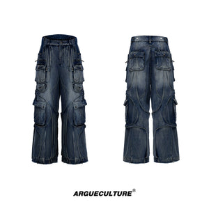 Stone-Washed Deconstructed Wide-Leg Jeans | Unisex - Blue