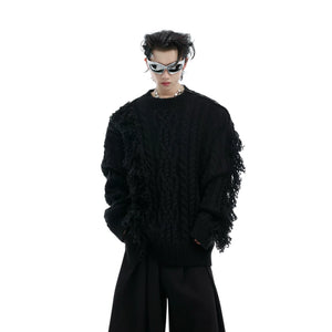 Irregular Fringe Button Knit Sweater | Relaxed Fit - Black