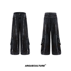 Black Distressed Wide-Leg Denim Pants | Relaxed Fit - Black Pants