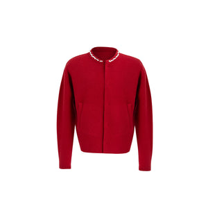 Pearl-Trimmed Short Cardigan Sweater | Argue Culture - Red