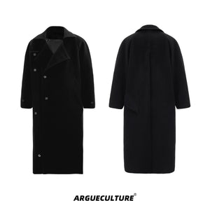 Longline Wool-Blend Overcoat with Dropped Shoulders - Black