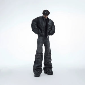 Washed Water-Ripple Frayed Straight-Leg Jeans - main image 2
