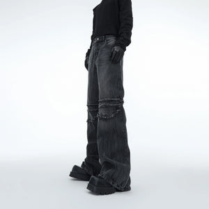 Washed Water-Ripple Frayed Straight-Leg Jeans - Washed Blue