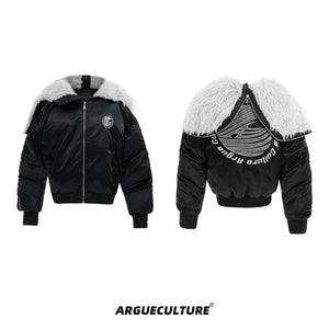 Plush Panel Nylon Bomber Jacket | Streetwear Outerwear - Black