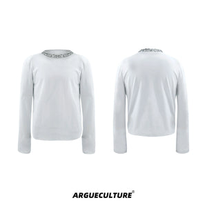 Rhinestone Cotton Blend Long-Sleeve Unisex T-Shirt - White