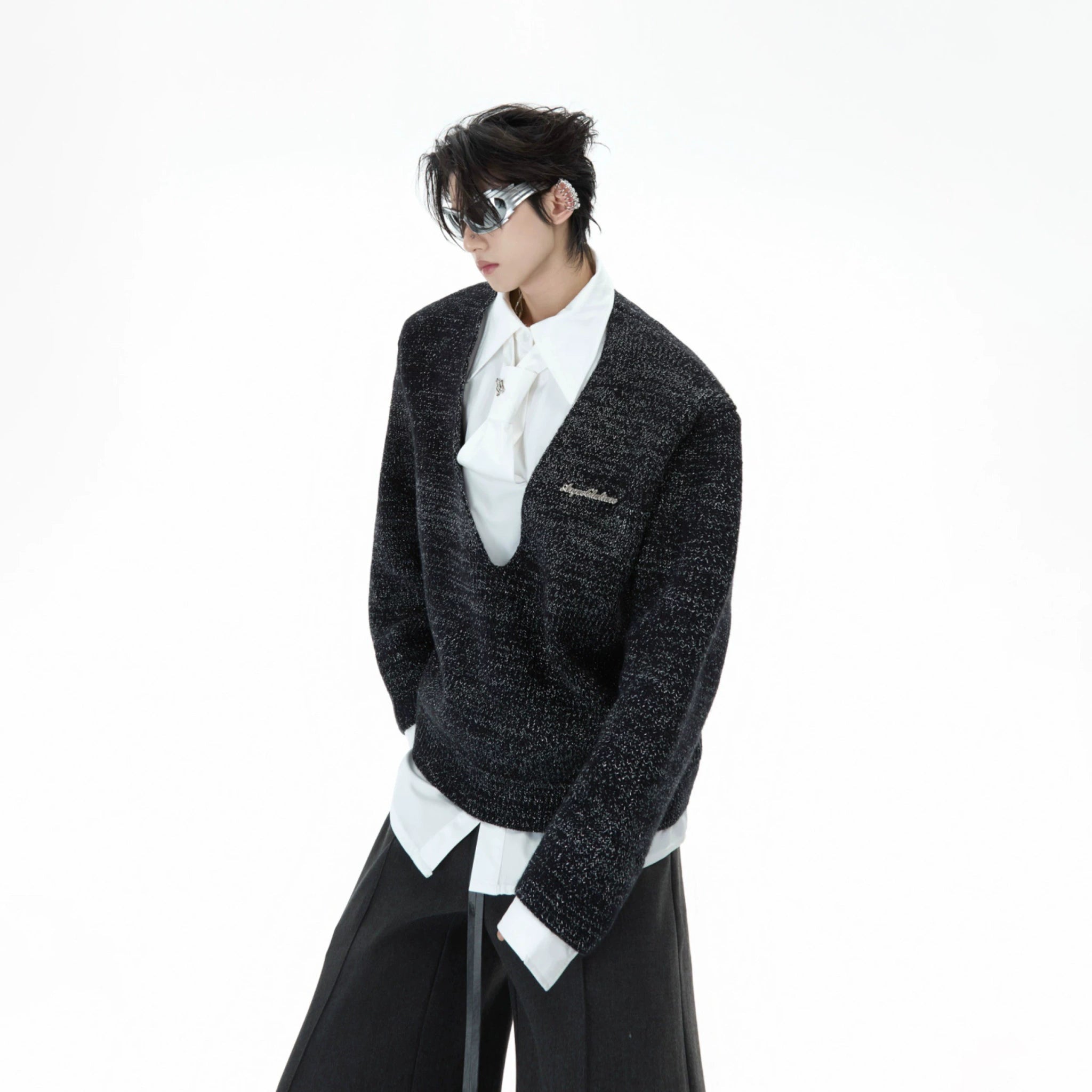 Deconstructed Tie Shirt Sweater in Black or Gray - main image 1