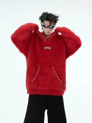 Hooded Pearl-Trim Sweater | Relaxed Faux-Mink Style - main image 1