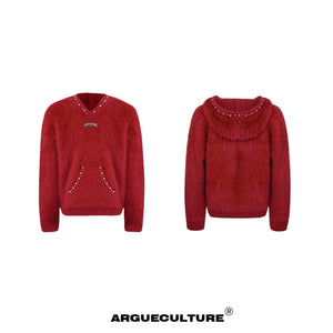 Hooded Pearl-Trim Sweater | Relaxed Faux-Mink Style - Red