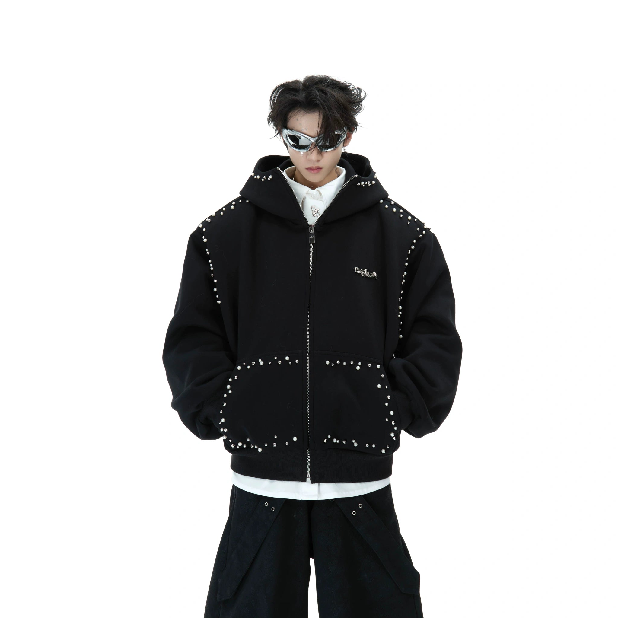 Pearl-Trim Zip Hoodie Jacket | Relaxed Streetwear - main image 2