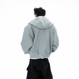 Pearl-Trim Zip Hoodie Jacket | Relaxed Streetwear - main image 3