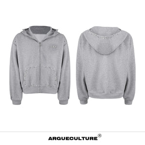 Pearl-Trim Zip Hoodie Jacket | Relaxed Streetwear - Gray