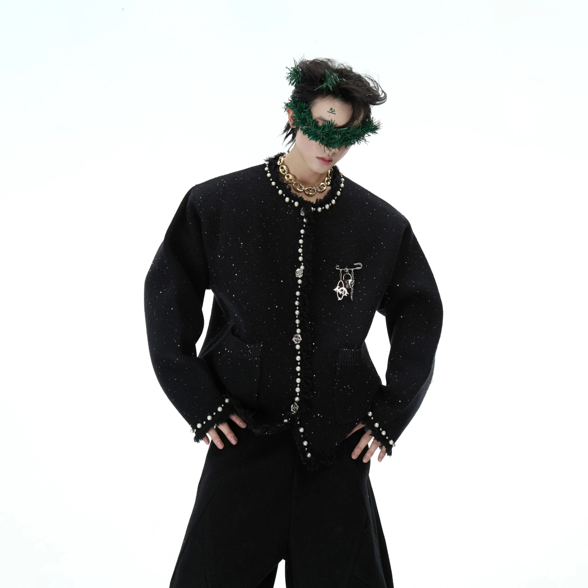 Pearl-Trim Shimmer Knit Cardigan Jacket for Unisex - main image 2