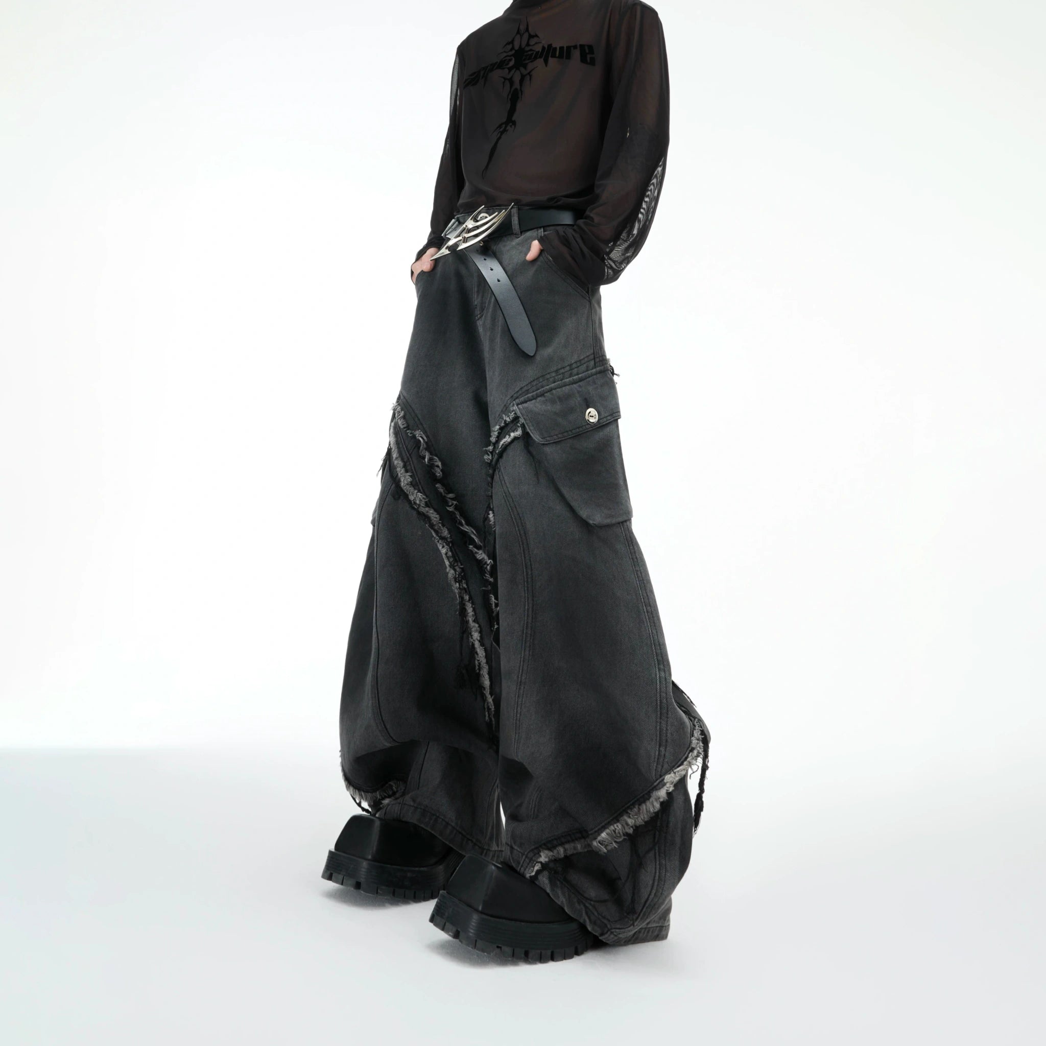 Frayed Curved-Leg Wide Jeans in Washed Black - main image 1