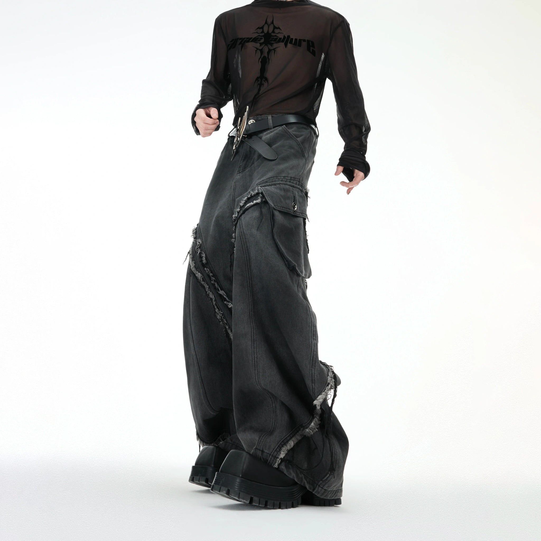 Frayed Curved-Leg Wide Jeans in Washed Black - main image 2