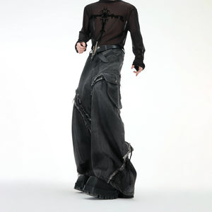 Frayed Curved-Leg Wide Jeans in Washed Black - main image 2