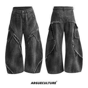 Frayed Curved-Leg Wide Jeans in Washed Black - Washed Black