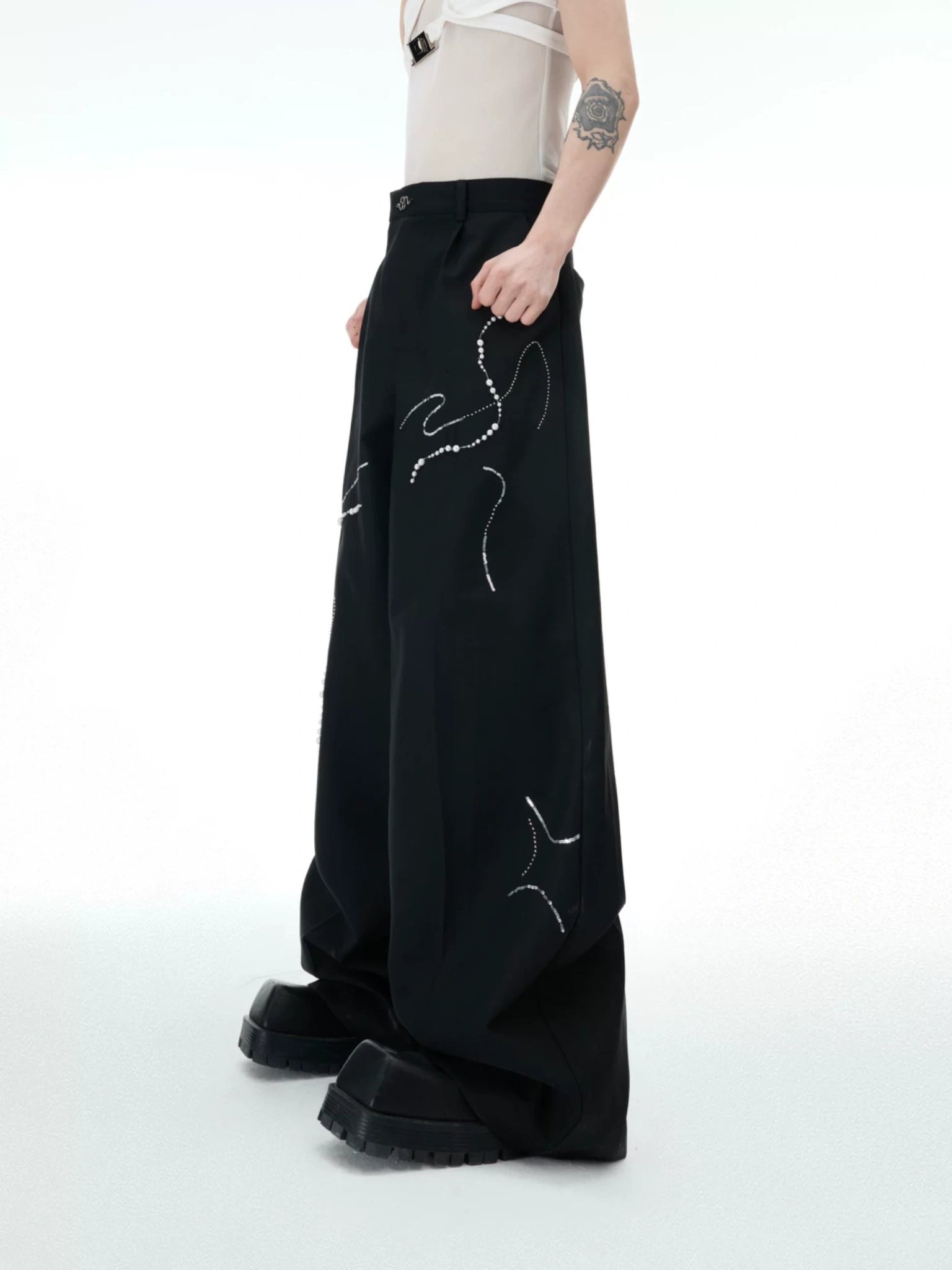 Wide-Leg Trousers with Snake Logo and Pearl Chain - main image 1