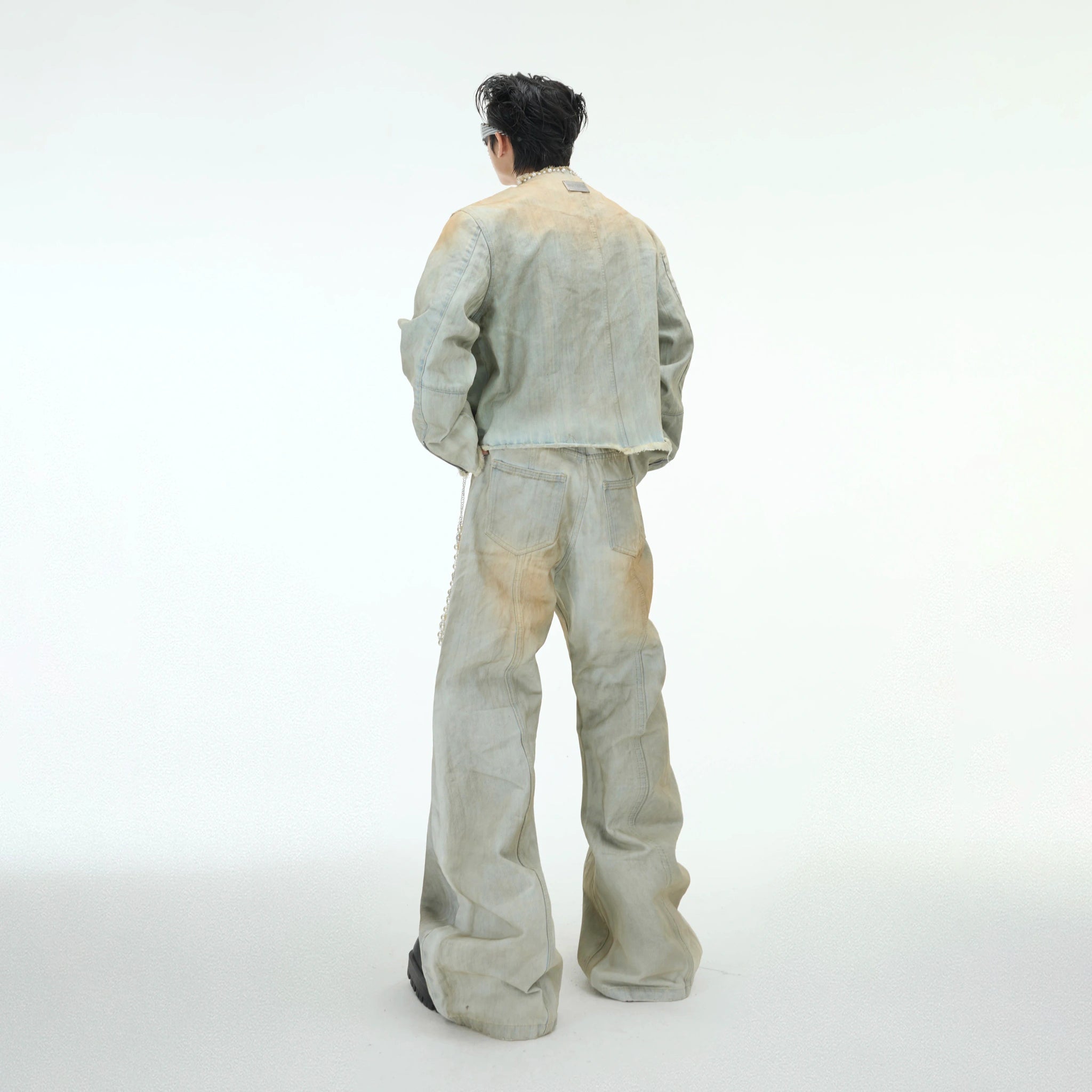 Pearl-Embellished Washed Denim Jacket and Flared Jeans - main image 2