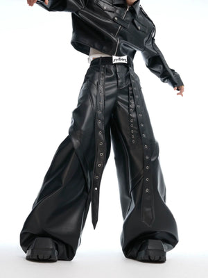 Deconstructed Studded Wide-Leg PU Pants in Black - main image 3
