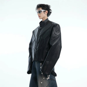 Deconstructed Relief Stand-Collar PU Jacket - main image 1