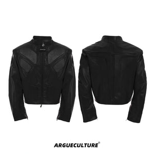 Deconstructed Relief Stand-Collar PU Jacket - Black