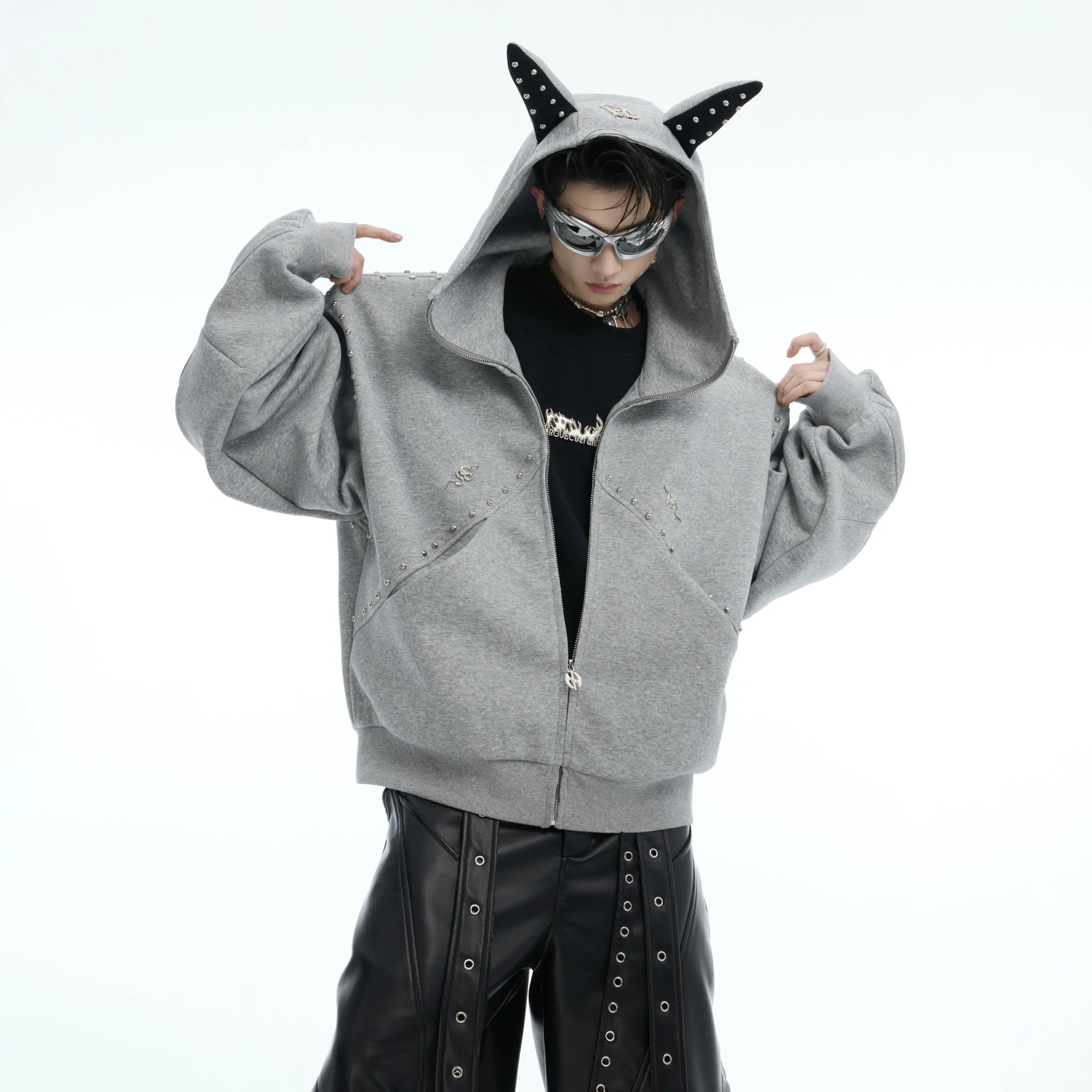 Relaxed Doberman-Ear Rivet Zip Hoodie Jacket - main image 1