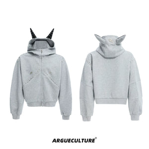 Relaxed Doberman-Ear Rivet Zip Hoodie Jacket - Gray Jacket