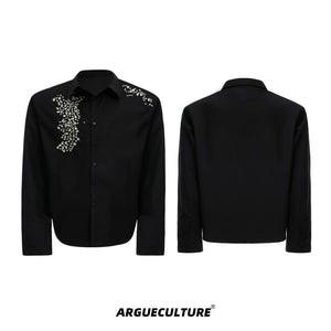Crystal Shoulder-Pad Cotton Shirt | Relaxed Unisex Style - Black