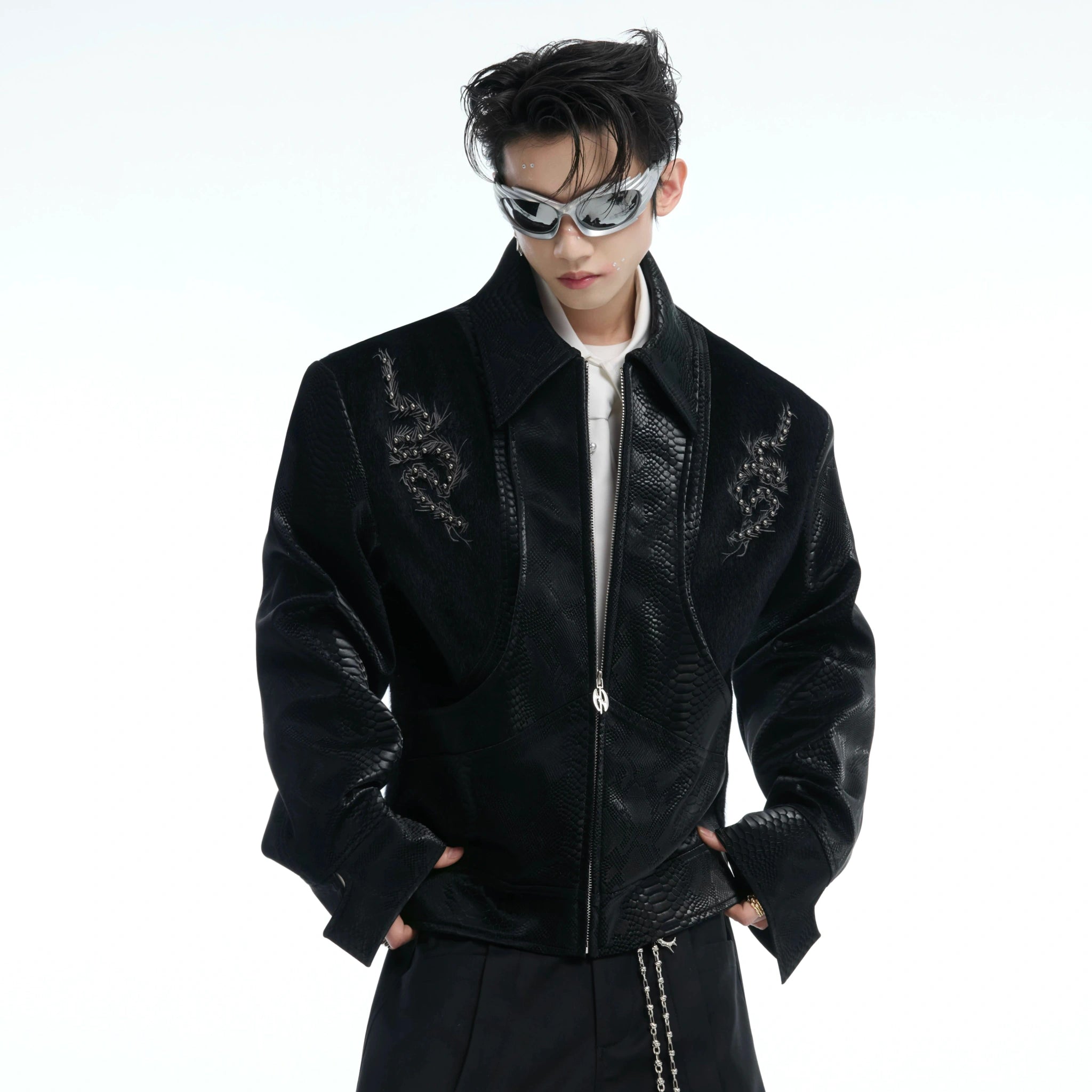 Snake-Texture PU Patchwork Jacket | Zip Streetwear - main image 2