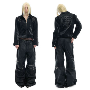 Snake-Texture PU Patchwork Jacket | Zip Streetwear - Black Slim Fit