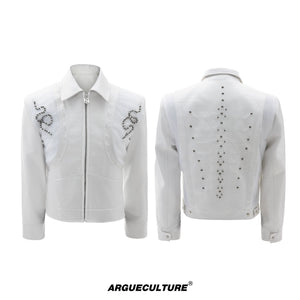 Snake-Texture PU Patchwork Jacket | Zip Streetwear - White Slim Fit
