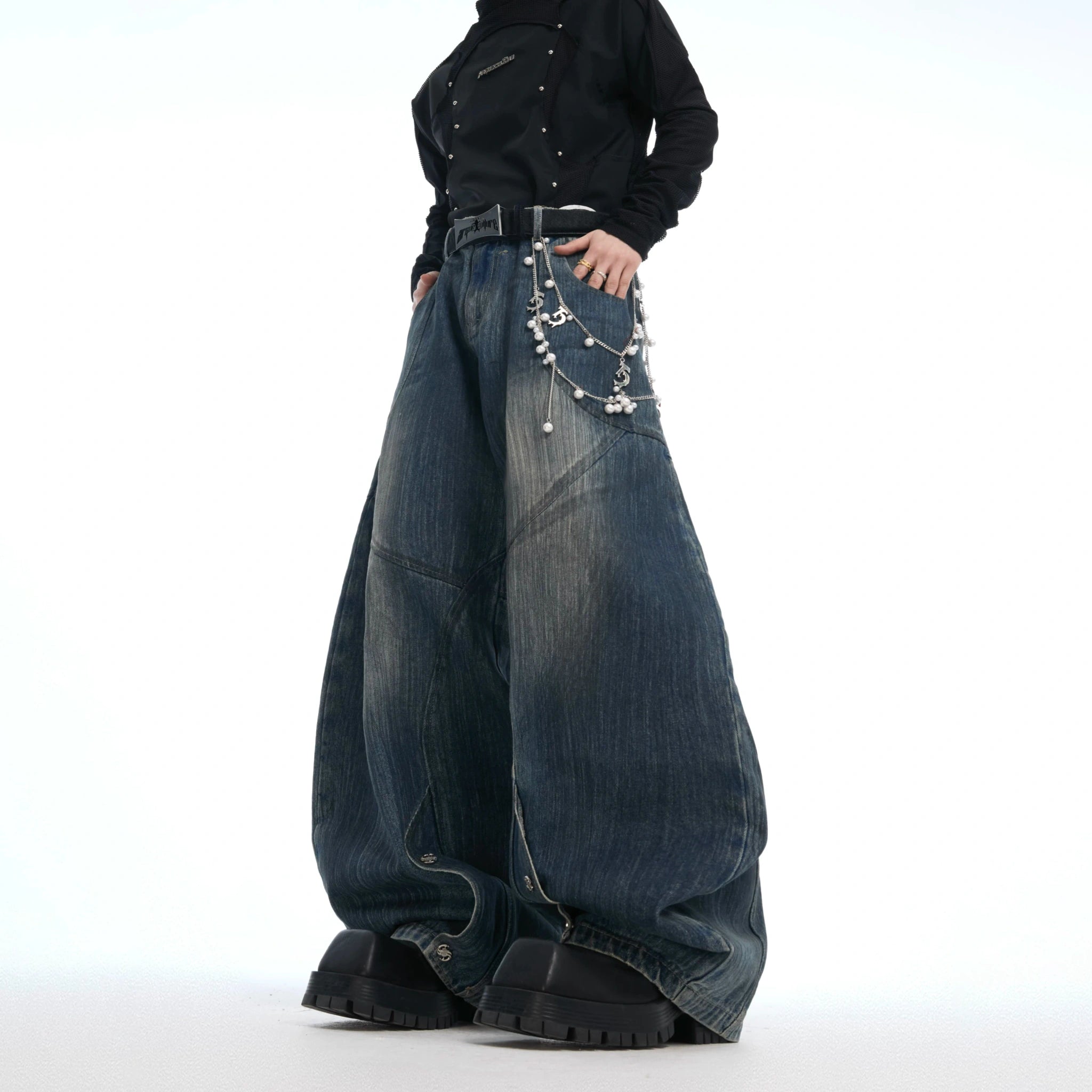 Deconstructed Washed Wide-Leg Jeans with Metal Chain - main image 1