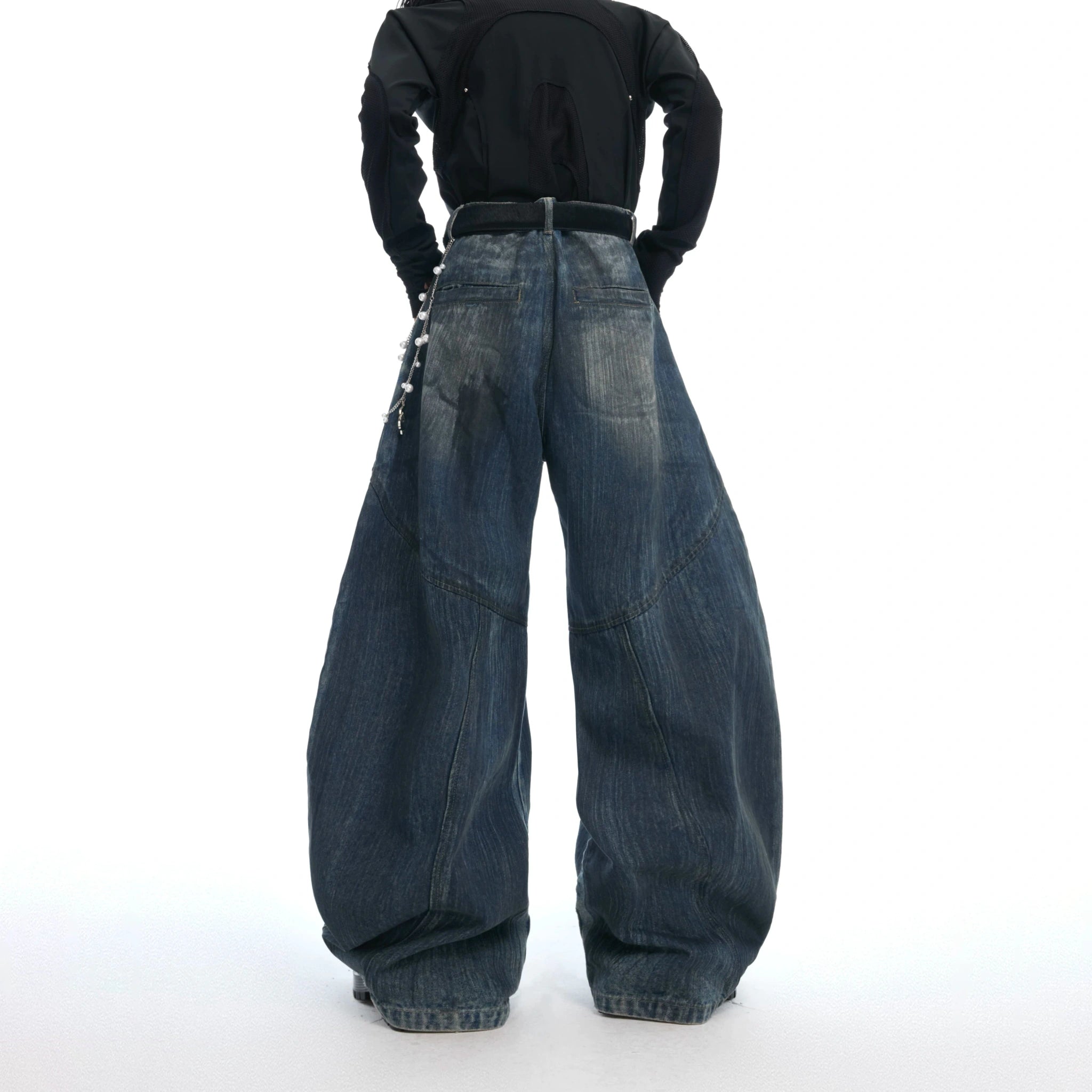 Deconstructed Washed Wide-Leg Jeans with Metal Chain - main image 2