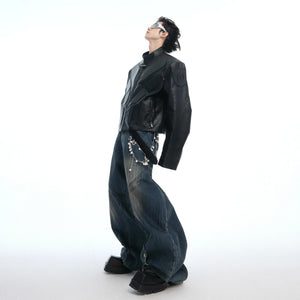 Deconstructed Washed Wide-Leg Jeans with Metal Chain - main image 5