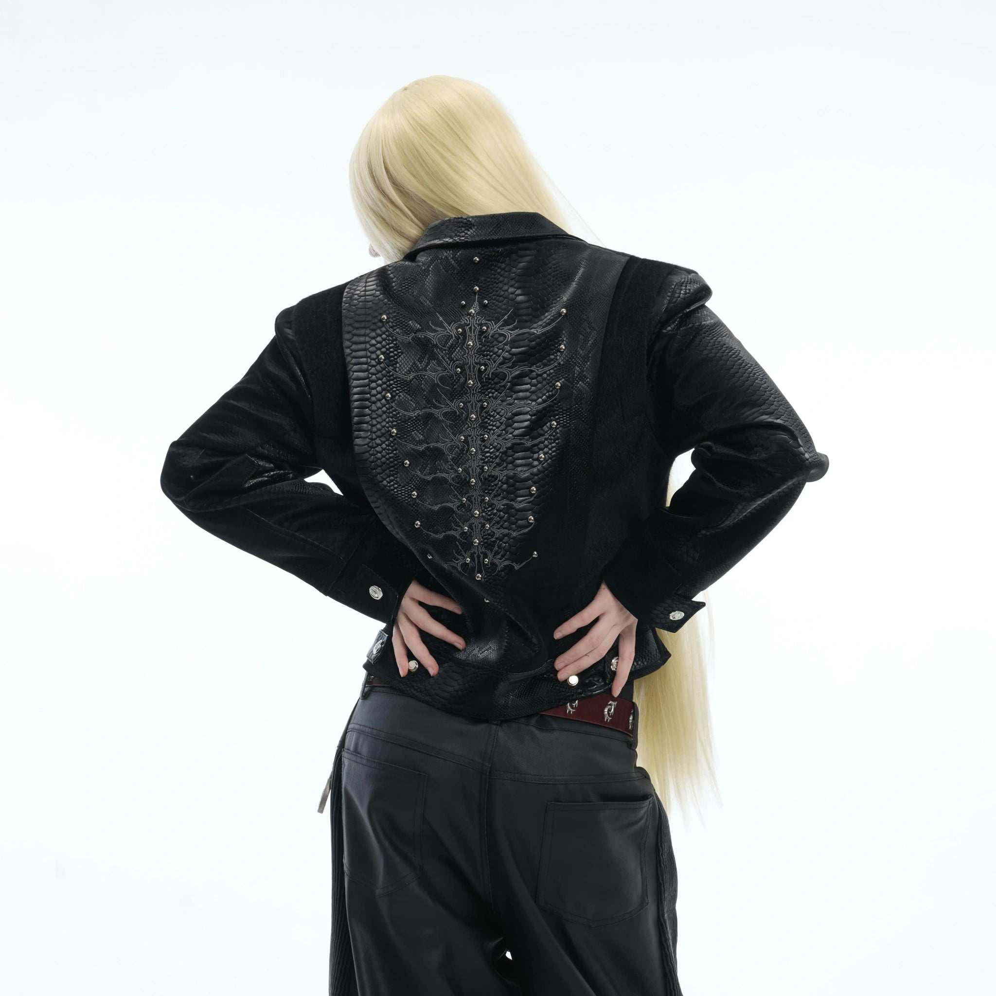 Snake-Texture Studded PU Cropped Jacket | Unisex - main image 2