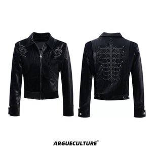Snake-Texture Studded PU Cropped Jacket | Unisex - Slim Fit Black