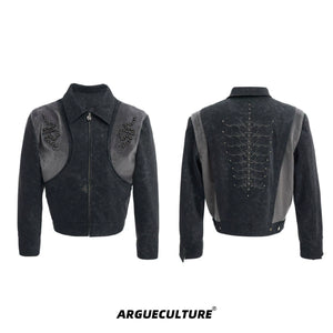 Snake-Texture Studded PU Cropped Jacket | Unisex - Boxy Gray