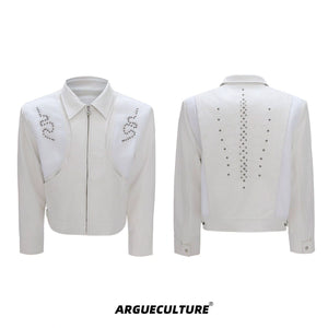 Snake-Texture Studded PU Cropped Jacket | Unisex - Boxy White