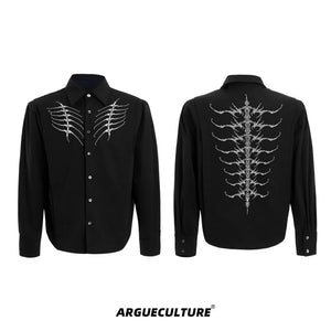 Embroidered Bone Motif Shirt | Relaxed Cotton Button-Up - Black