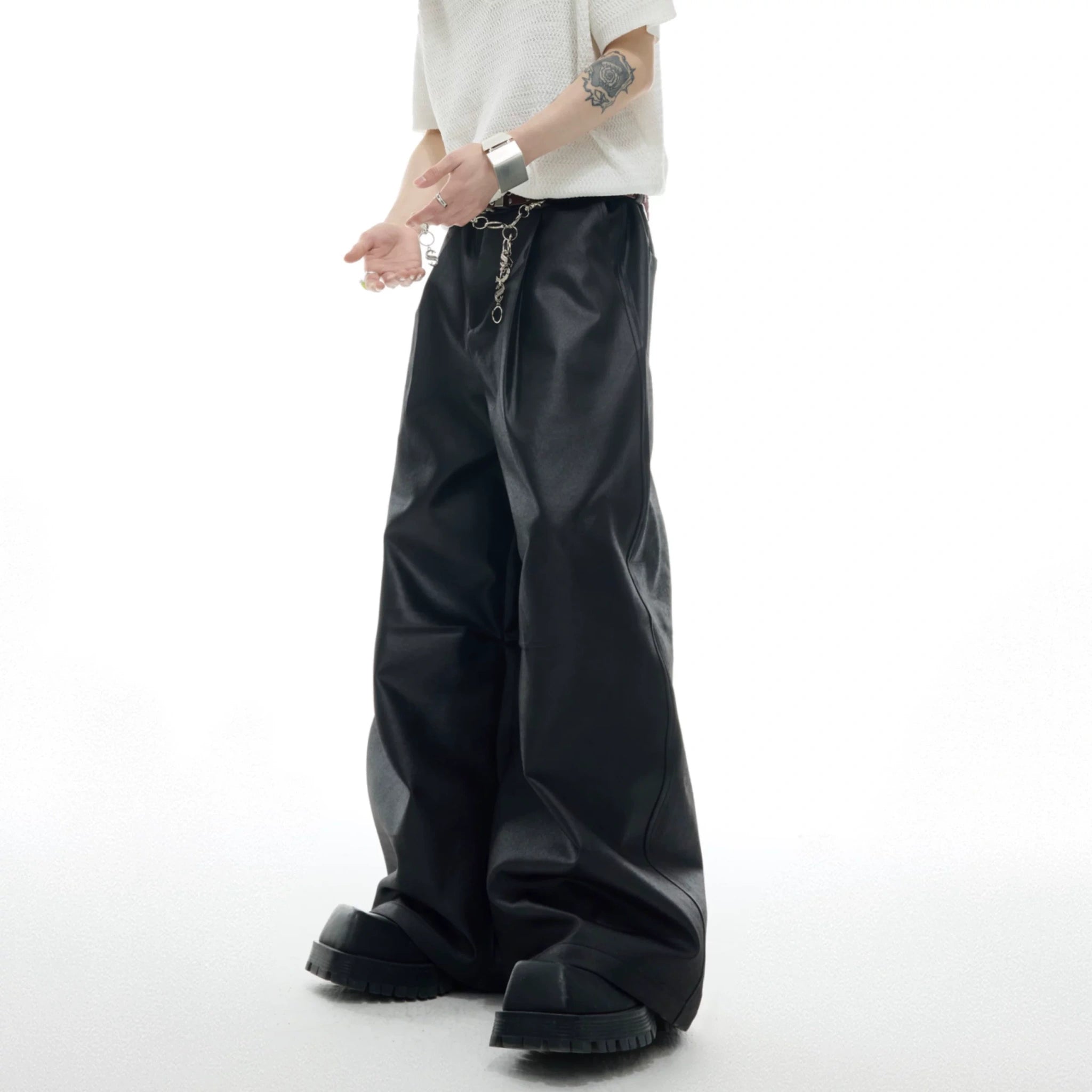 Black Metal-Accent Wide-Leg Trousers for Streetwear - main image 2