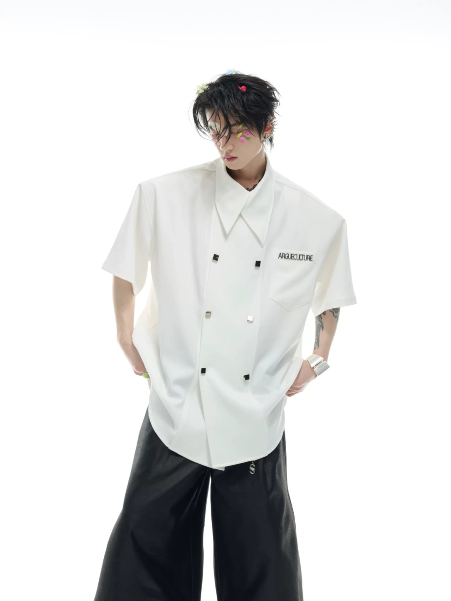 Relaxed Double-Breasted Short-Sleeve Shirt | Blue - main image 2