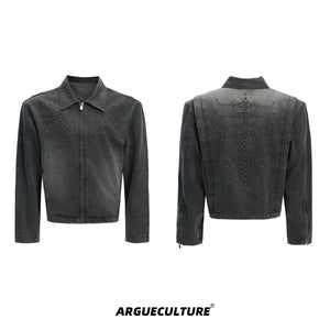 Cropped Washed Rivet Denim Jacket | Argue Culture - Gray