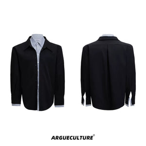 Striped Color-Block Shirt | Loose Unisex Button-Up - Black Long Sleeve