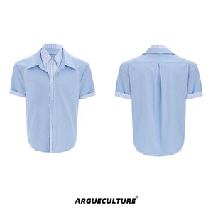 Striped Color-Block Shirt | Loose Unisex Button-Up - Blue Short Sleeve