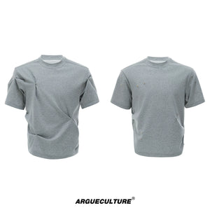 Pleated Boxy Cotton T-Shirt with Metal Details - Gray T-Shirt