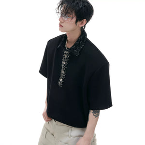 Sequined Square-Neck Polo T-Shirt with Pin Detail - main image 1