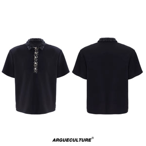 Sequined Square-Neck Polo T-Shirt with Pin Detail - Black